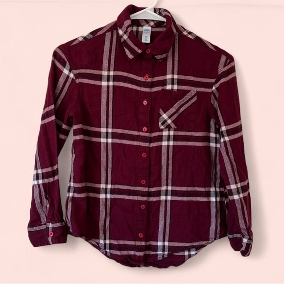 Justice Girls Size 10 Y2K Maroon & White Tartan Plaid Polo Button Up Blouse - Picture 7 of 7